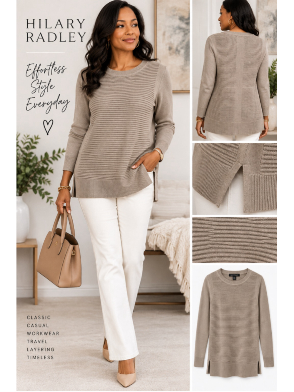 Hilary Radley Small Taupe Ribbed Knit Sweater Tunic Viscose Quiet Luxury